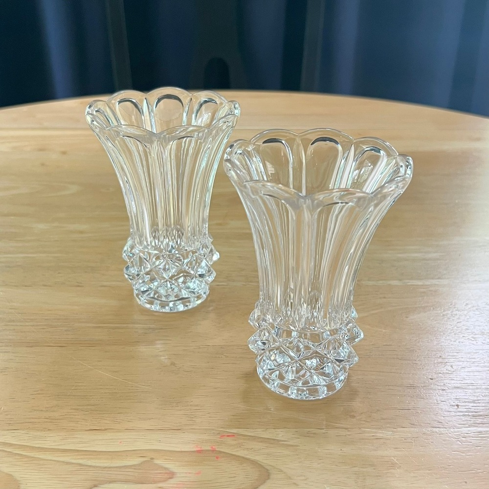 Vintage Crystal Bud Vases Pair Scalloped Flared Tulip Diamond Cut Glass 5.25in
